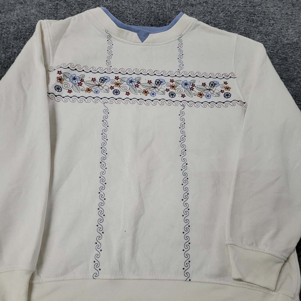 Top Stitch Sweatshirt Womens XL White Floral Embroidered Double Collar Pullover
